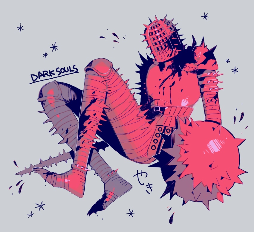 1boy, armor, covered_face, dark_souls_(series), dark_souls_i, full_armor, helm, helmet, highres, knight, knight_of_thorns_kirk, pauldrons, shield, spiked_armor, spiked_helmet, spiked_pauldrons, spikes, weapon, yashiki_52