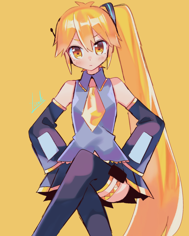 1girl, akita_neru, bare_shoulders, black_skirt, black_sleeves, black_thighhighs, blonde_hair, commentary