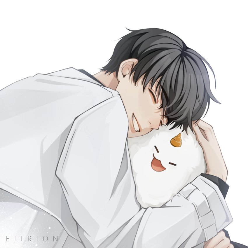 1boy, :3, artist_name, black_hair, character_request, closed_eyes, cuddling, eiirion, grin, highres, hug, jacket, kim_dokja, long_sleeves, male_focus, omniscient_reader's_viewpoint, short_hair, smile, solo, white_background, white_jacket