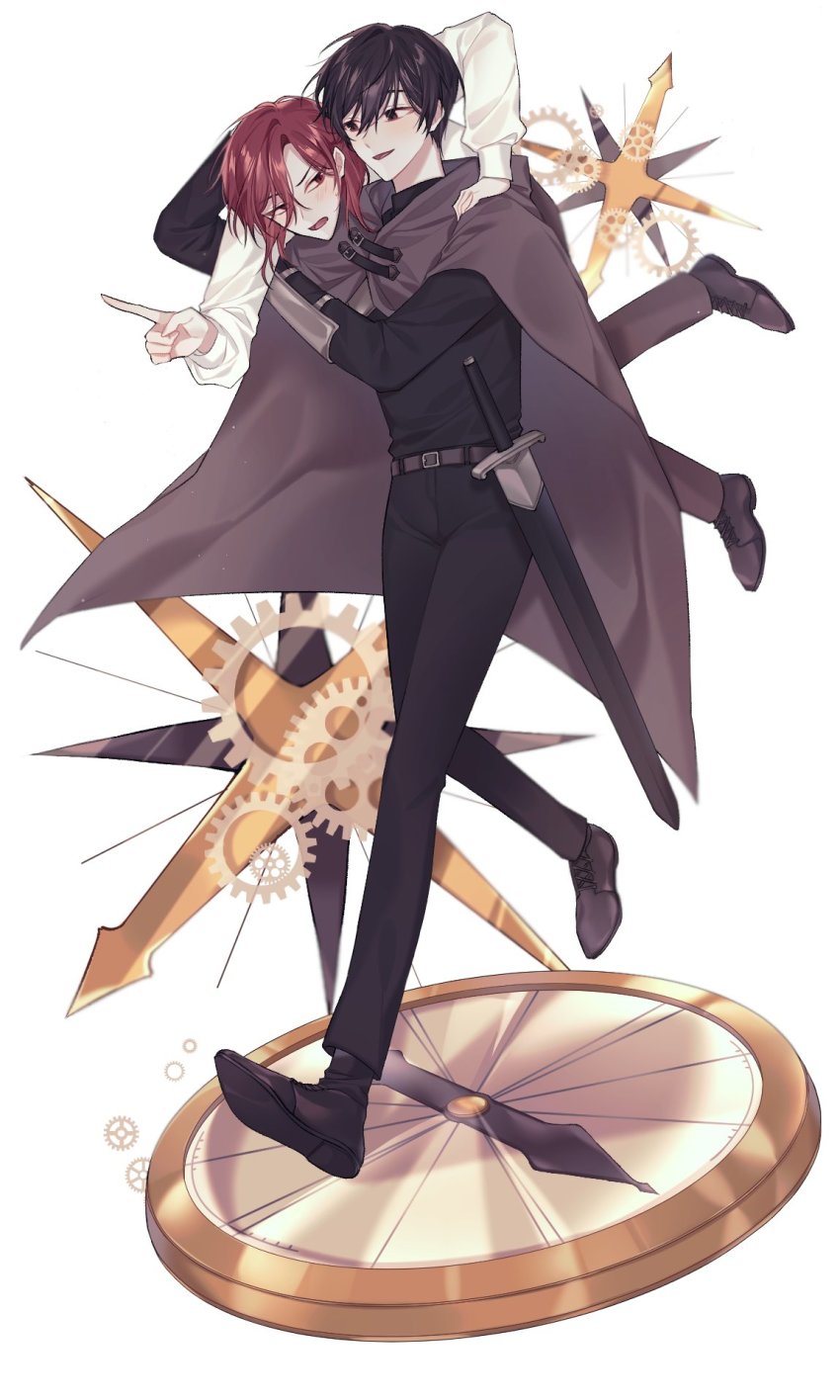 2boys, 99ghxst, belt, black_hair, black_shirt, black_sleeves, blush, brown_eyes