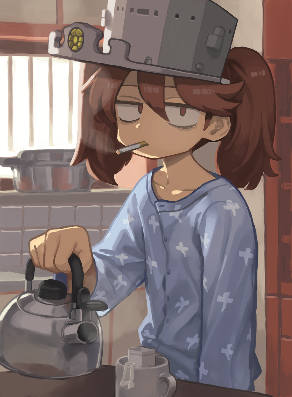 1girl, bags_under_eyes, blue_pajamas, brown_eyes, brown_hair, cigarette, cup, hair_between_eyes
