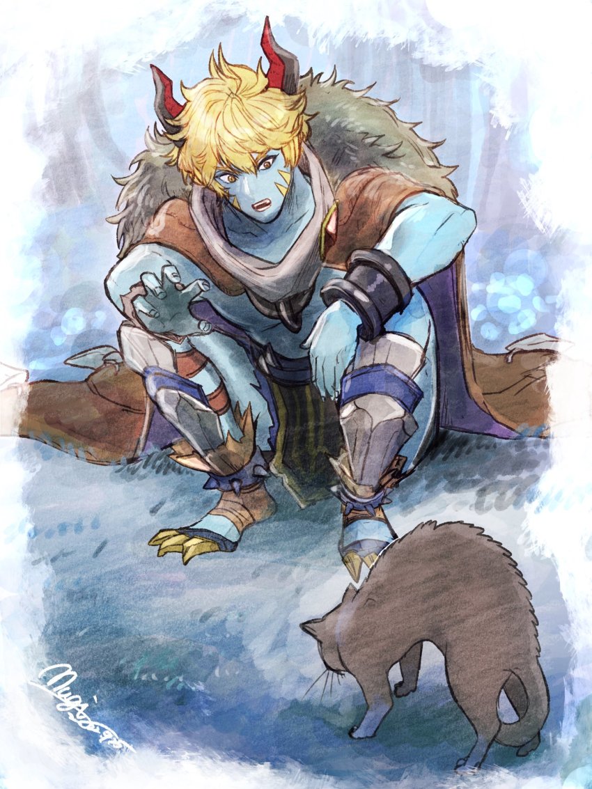 1boy, anklet, another_eden, artist_name, blonde_hair, blue_skin, bracer, brown_cape