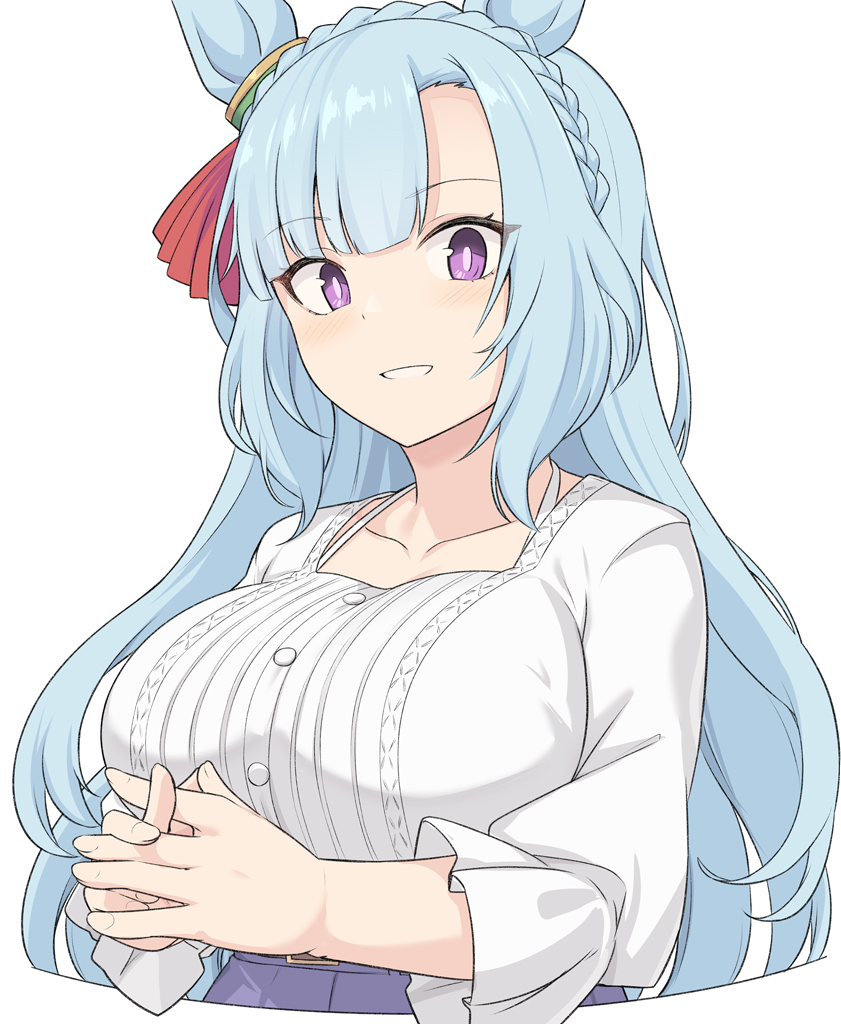 1girl, animal_ears, blue_hair, blue_skirt, blush, braid, breasts, collarbone