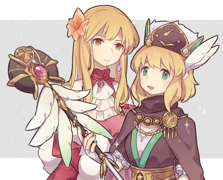 2girls, ballroom_dress, ballroom_gown, blonde_hair, dress, earrings, feather_hair_ornament, feathers, fingerless_gloves, fire_emblem, fire_emblem:_genealogy_of_the_holy_war, fire_emblem:_thracia_776, fire_emblem_heroes, flower, gloves, gown, green_eyes, green_nails, haconeri, hair_flower, hair_ornament, hat, holding, holding_staff, jewelry, lachesis_(fire_emblem), lachesis_(masquerade)_(fire_emblem), long_hair, mother_and_child, mother_and_daughter, multiple_girls, nail_polish, nanna_(fire_emblem), nanna_(scion)_(fire_emblem), nintendo, official_alternate_costume, parent_and_child, red_dress, short_hair, smile, staff, upper_body