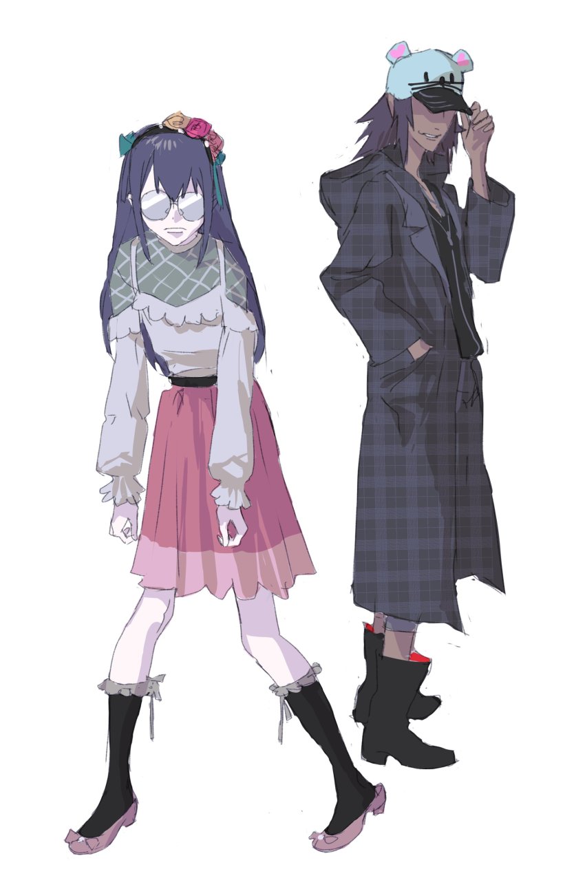 1boy, 1girl, absurdres, animal_hat, black_coat, black_hoodie, closed_mouth, coat