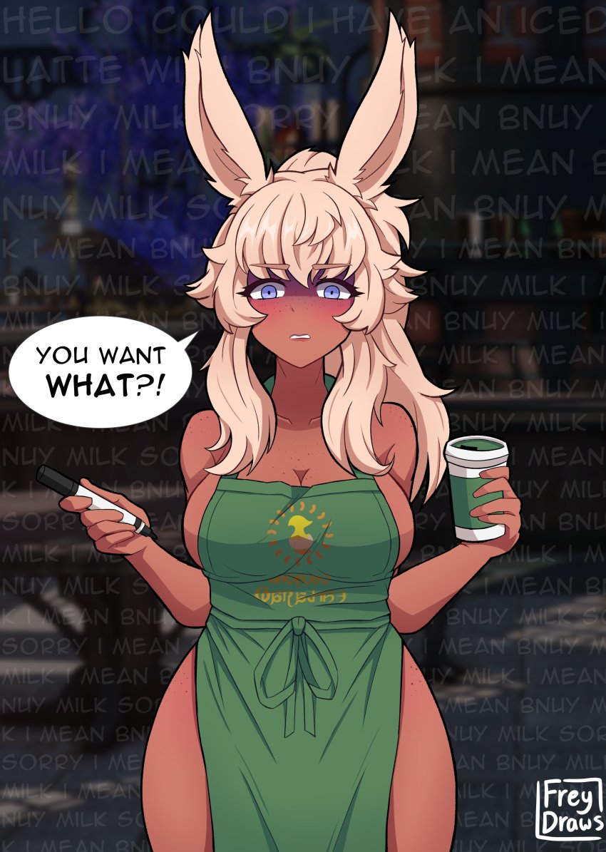 !?, 1girl, absurdres, animal_ears, apron, artist_name, blonde_hair, blue_eyes, blurry, blurry_background, blush, breasts, character_request, cleavage, collarbone, copyright_request, dark-skinned_female, dark_skin, english_text, final_fantasy, final_fantasy_xiv, freckles, freydraws, highres, holding, iced_latte_with_breast_milk_(meme), large_breasts, long_hair, looking_at_viewer, marker, meme, naked_apron, original, parted_lips, solo, speech_bubble, spoken_interrobang, starbucks, straight-on, tareme, thick_thighs, thighs, warrior_of_light_(ff14)