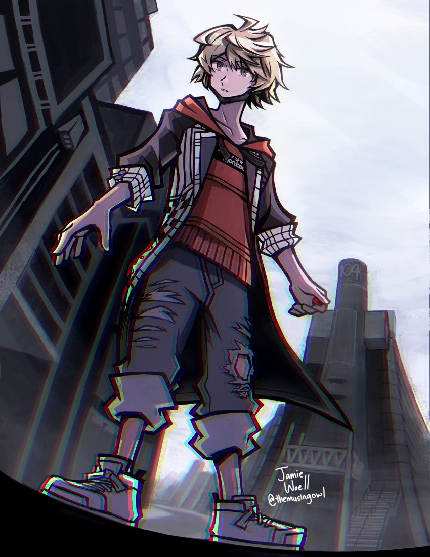 1boy, absurdres, ahoge, black_coat, blonde_hair, brown_eyes, building, city, coat, denim, eyebrows, eyebrows_hidden_by_hair, face_mask, grey_sky, highres, hood, hoodie, jeans, kanade_rindo, long_coat, mask, mouth_mask, orange_hoodie, pants, player_pin, reaper_pin, torn_jeans, shin_subarashiki_kono_sekai, sky, sleeves_rolled_up, subarashiki_kono_sekai, torn_clothes, torn_pants, white_footwear