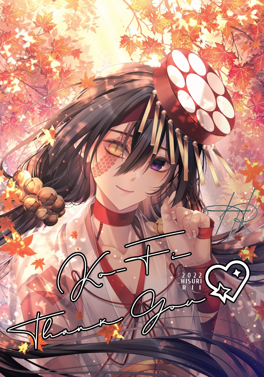 1girl, autumn_leaves, bell, black_hair, commission, fate/grand_order, fate_(series), hair_bell, hair_ornament, heterochromia, highres, hisuririi, leaf, long_hair, mochizuki_chiyome_(fate), mochizuki_chiyome_(third_ascension)_(fate), smile, snake_tattoo, tattoo, twintails