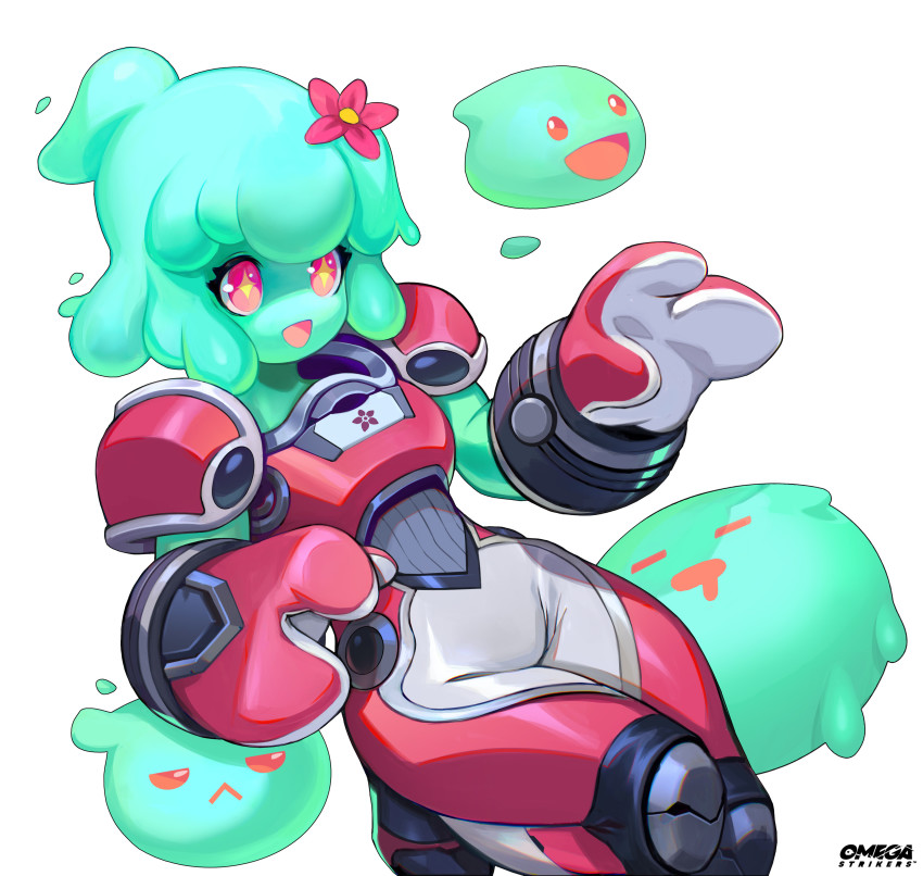 1girl, absurdres, armor, flower, full_body, hair_flower, hair_ornament, highres, juno_(omega_strikers), liyart, monster_girl, groin, omega_strikers, ponytail, slime_(creature), slime_(substance), slime_girl