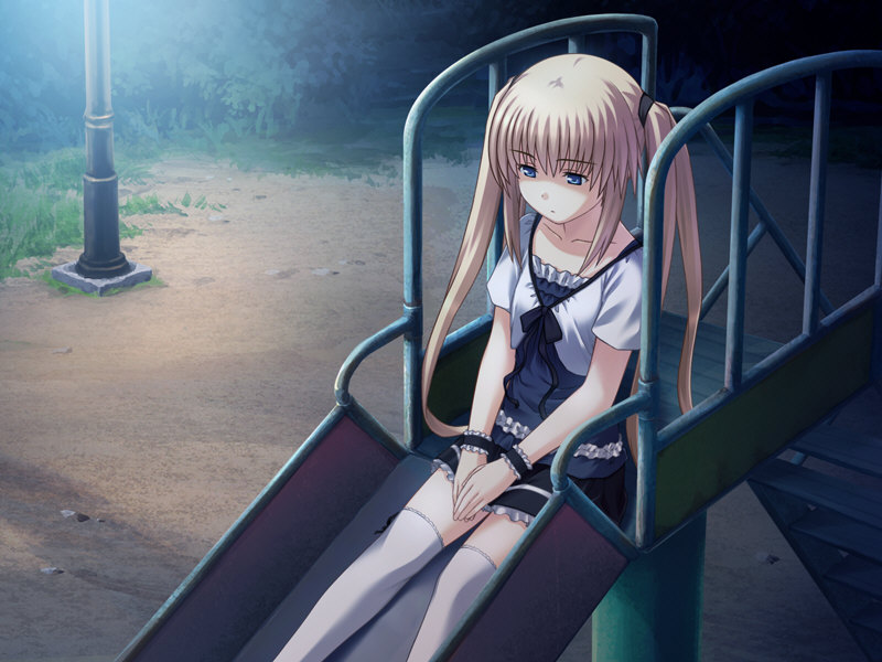 1girl, ayase_natsuki, blonde_hair, blue_eyes, female_focus, flat_chest, frills, game_cg