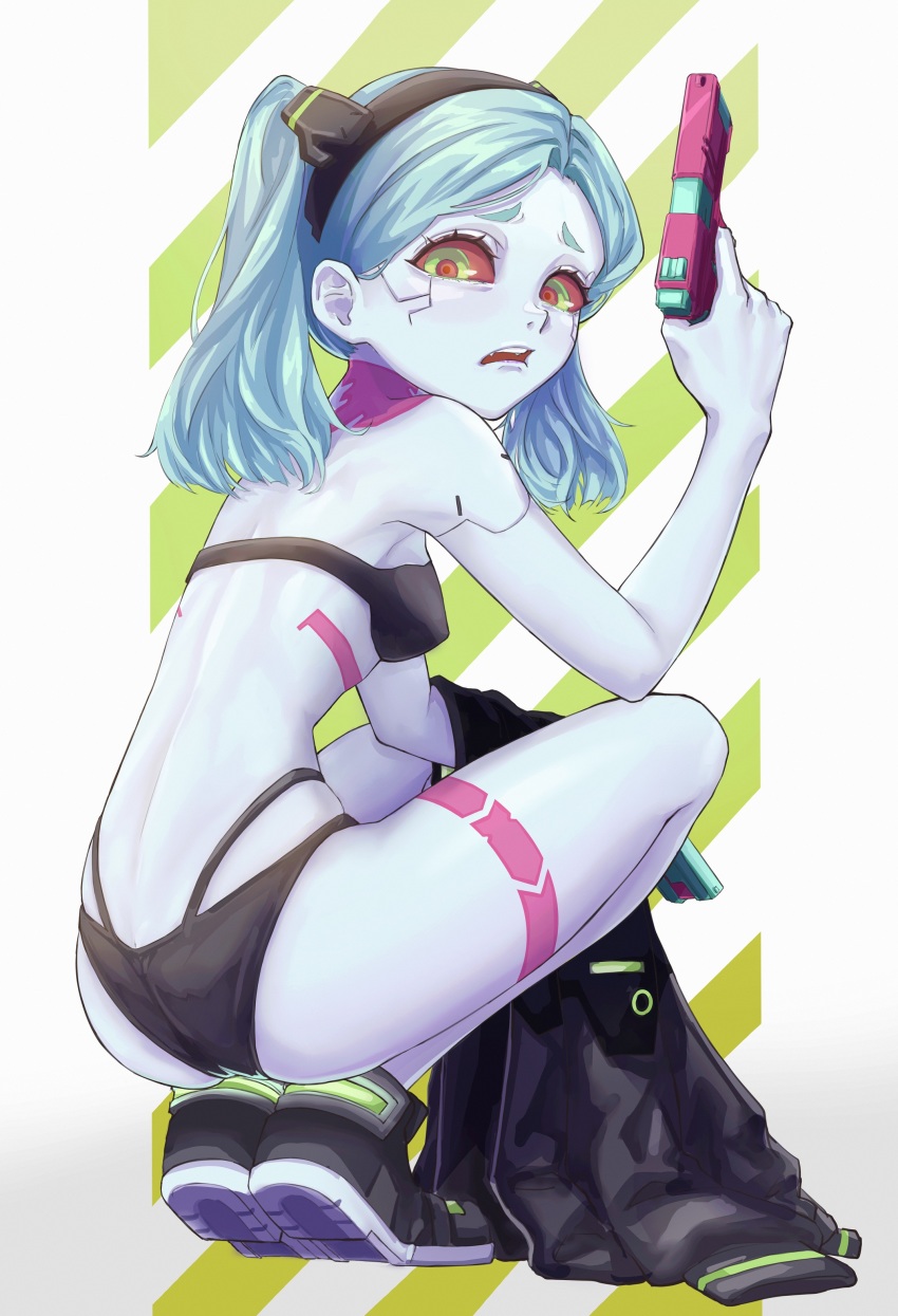 1girl, absurdres, aqua_hair, bare_shoulders, black_bra, black_hairband, black_jacket, black_panties, bra, commentary, cyberpunk_(series), cyberpunk:_edgerunners, female_focus, full_body, gun, hairband, highres, holding, holding_gun, holding_weapon, jacket, loli, looking_at_viewer, open_mouth, panties, pavo543, rebecca_(cyberpunk), simple_background, solo, teeth, underwear, upper_teeth_only, weapon, white_background