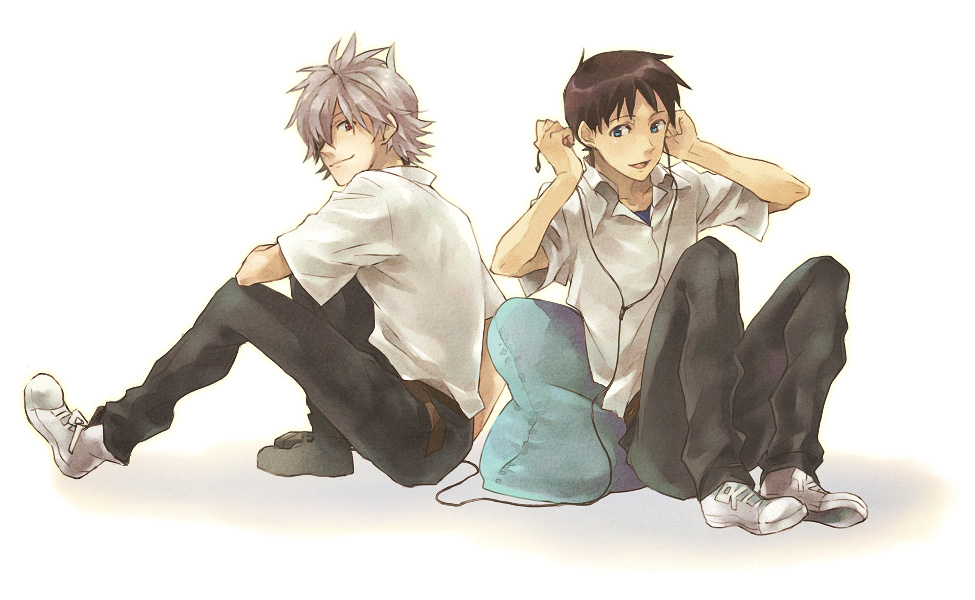 2boys, blue_eyes, brown_hair, full_body, gradient_background, ikari_shinji, male_focus, multiple_boys, nagisa_kaworu, neon_genesis_evangelion, red_eyes, school_uniform, sitting, white_background, white_hair, zan_nenko