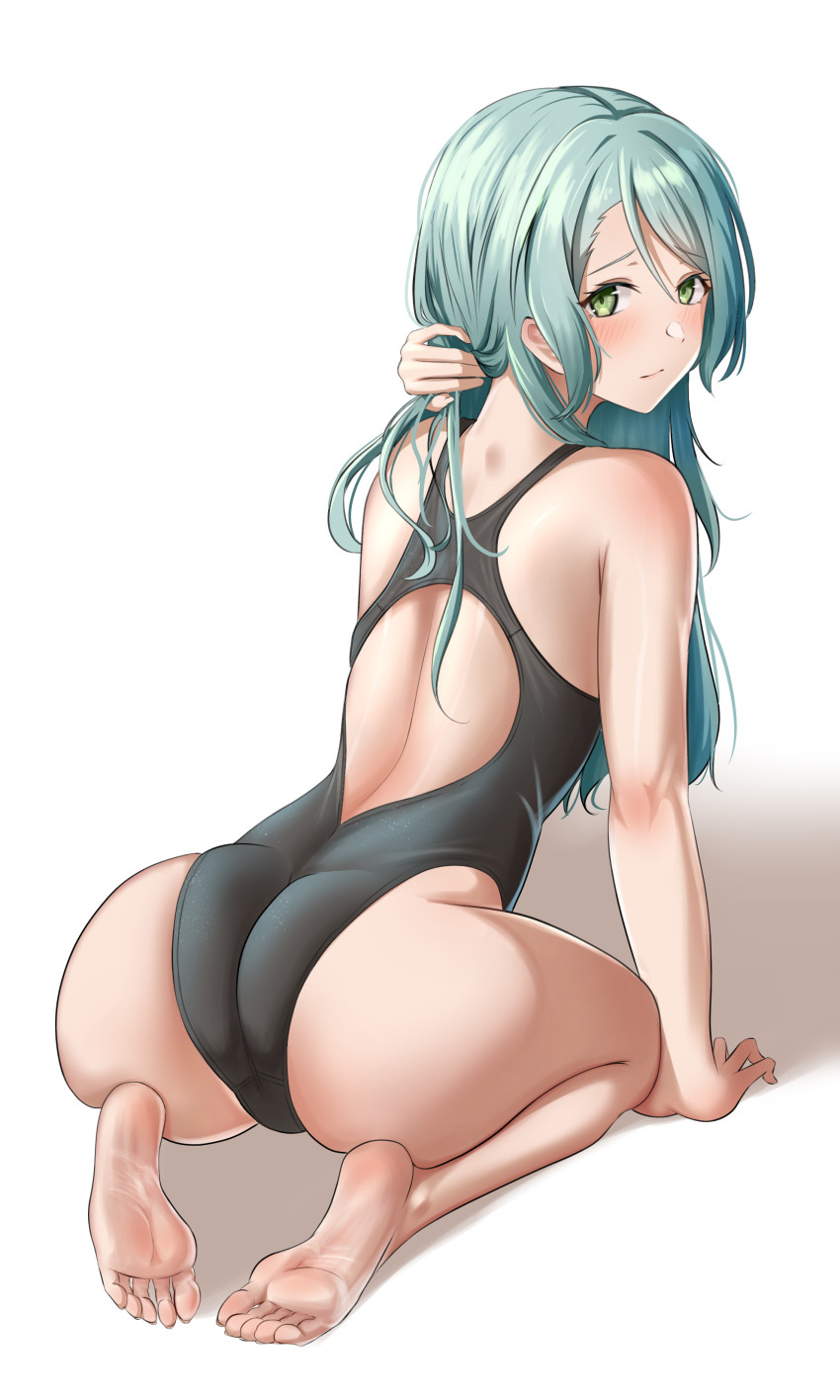1girl, absurdres, aqua_hair, ass, back, bang_dream!, bang_dream!_girls_band_party!, bare_arms
