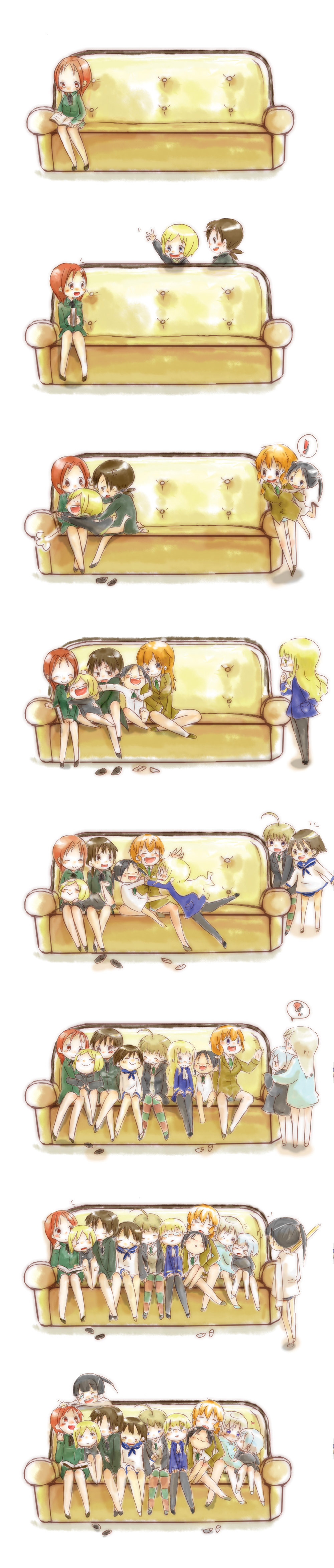 501st_joint_fighter_wing, 6+girls, ?, absurdres, blush, book, charlotte_e._yeager, couch, eila_ilmatar_juutilainen, erica_hartmann, everyone, francesca_lucchini, gertrud_barkhorn, highres, kiss, long_image, lynette_bishop, minna-dietlinde_wilcke, miyafuji_yoshika, multiple_girls, muro, perrine_h._clostermann, sakamoto_mio, sanya_v._litvyak, sleeping, smile, strike_witches, tall_image, world_witches_series, yawning