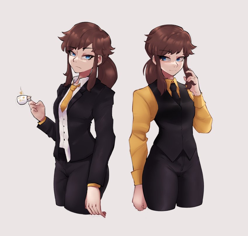 1girl, a_hat_in_time, adjusting_hair, alternate_costume, black_necktie, black_pants, black_suit, blue_eyes, brown_hair, closed_mouth, collared_shirt, cropped_legs, formal_clothes, grey_background, hannesfkr, hat_kid, highres, long_sleeves, looking_at_viewer, necktie, pants, ponytail, shirt, short_hair, short_ponytail, sidelocks, simple_background, smile, suit, yellow_necktie, yellow_shirt