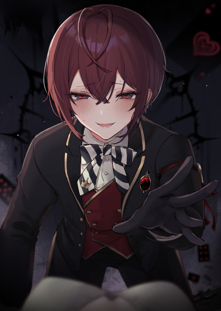 1boy, black_gloves, blush, bow, bowtie, gem, gloves, highres, looking_at_viewer, male_focus, male_yandere, pink_eyes, red_gem, red_hair, rojione, shota, smile, solo, striped_bow, striped_bowtie, striped_clothes, twisted_wonderland, yandere