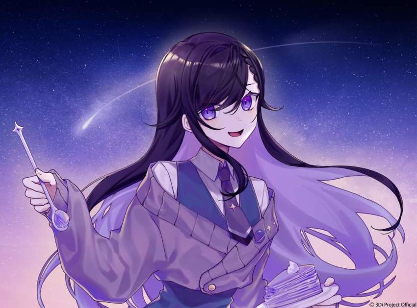 1girl, 3di_project, :d, asria_(3di), black_hair, braid, cake, cake_slice