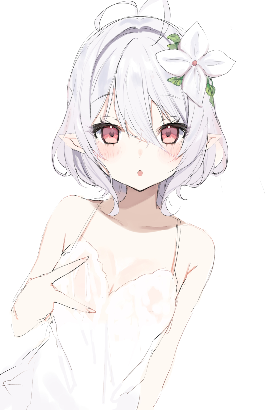 1girl, :o, absurdres, antenna_hair, bare_arms, bare_shoulders, blush, breasts