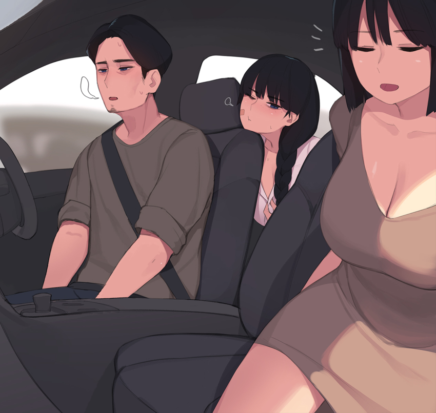 1boy, 2girls, after_vaginal, aftersex, akiyama_fumika_(pepper0), akiyama_ryosuke_(pepper0), akiyama_yuko_(pepper0), bags_under_eyes, bandaid, bandaid_on_face, black_hair, blue_eyes, blush, breasts, car, car_interior, cleavage, closed_eyes, dress, family, father_and_child, father_and_daughter, highres, large_breasts, long_hair, mature_female, mother_and_child, mother_and_daughter, motor_vehicle, multiple_girls, one_eye_closed, original, parent_and_child, partially_unbuttoned, pepper0, seatbelt, shirt, short_hair, sitting, steering_wheel, sweat, window