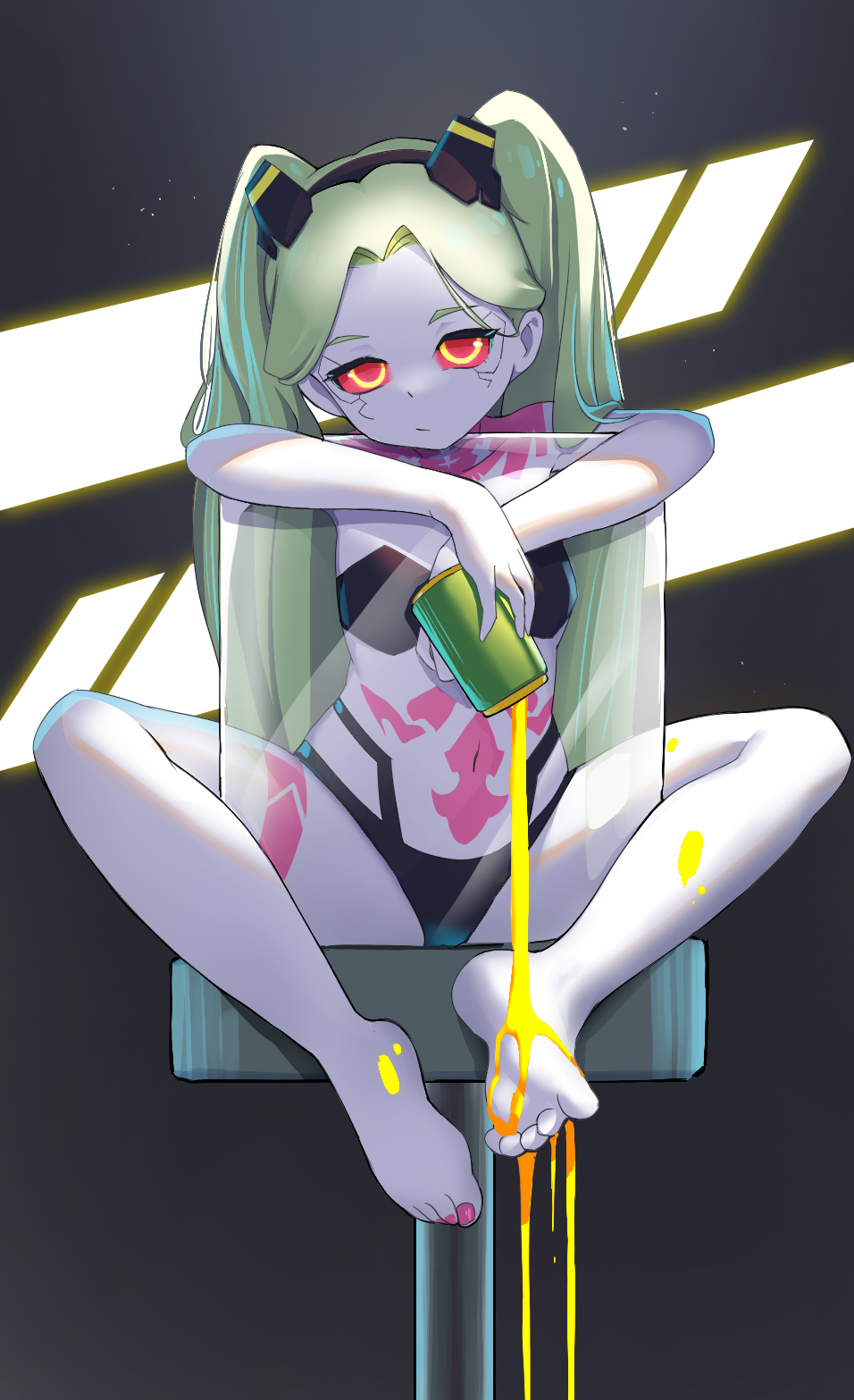 1girl, against_glass, artificial_eye, barefoot, black_bra, black_panties, bored, bra, breasts, buyong22, can, chair, colored_sclera, colored_skin, commentary_request, cyberpunk_(series), cyberpunk:_edgerunners, feet, female_focus, full_body, glass, green_hair, grey_background, highres, holding, holding_can, honey, leg_tattoo, loli, long_hair, looking_at_viewer, single_mechanical_eye, nail_polish, navel, neck_tattoo, on_chair, panties, petite, pink_nails, rebecca_(cyberpunk), red_pupils, red_sclera, serious, simple_background, small_breasts, soles, solo, spilling, stomach_tattoo, strapless, strapless_bra, tattoo, toenail_polish, toenails, toes, twintails, underwear, underwear_only, very_long_hair, white_skin, yellow_eyes, yellow_liquid