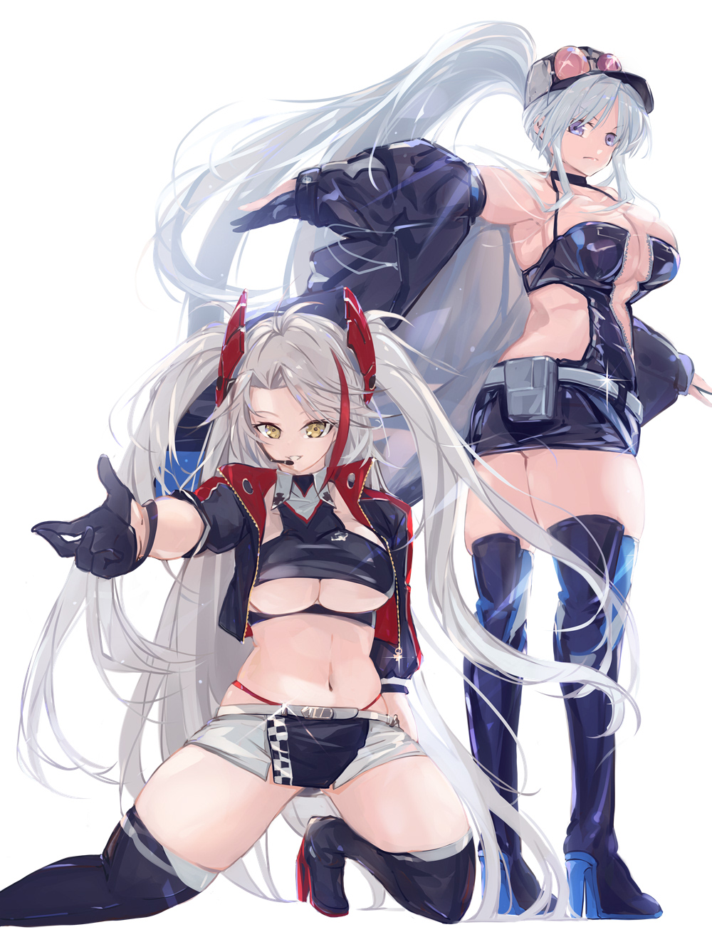 2girls, antenna_hair, armpits, ass, azur_lane, back_cutout, belt, boots