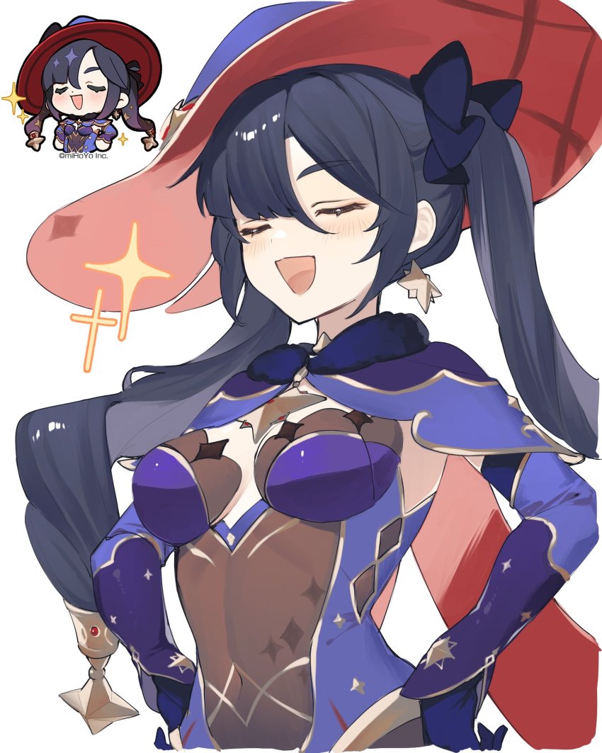 1girl, blue_leotard, blush, breasts, closed_eyes, cropped_torso, earrings, ebibi_chiriri, genshin_impact, hoyolab_sticker_redraw, hat, hat_ornament, highres, jewelry, leotard, mona_(genshin_impact), open_mouth, reference_inset, small_breasts, smug, solo, star_(symbol), star_earrings, star_hat_ornament, witch_hat