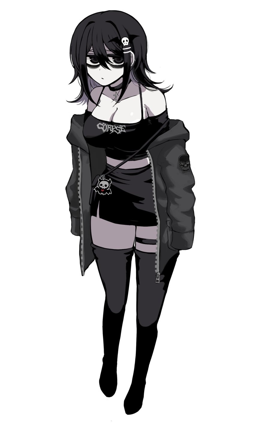 1girl, absurdres, bags_under_eyes, bare_shoulders, black_eyes, black_hair, black_shirt, black_skirt