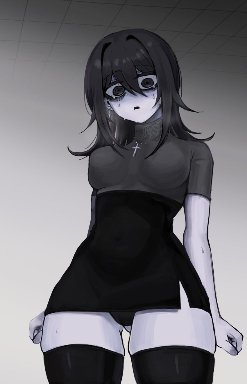 1girl, bags_under_eyes, black_eyes, black_hair, black_panties, black_skirt, black_thighhighs, breasts