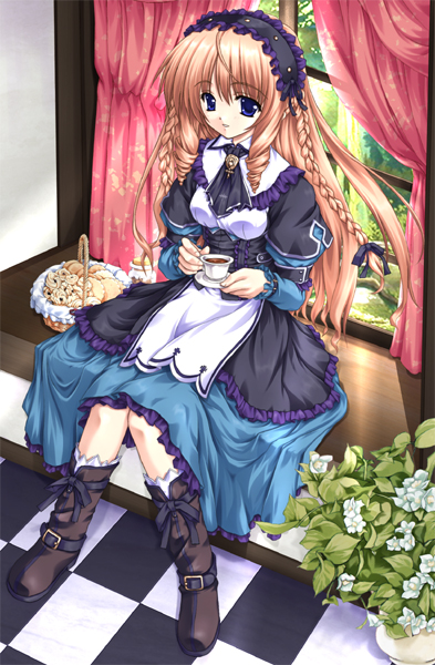 1girl, ahoge, basket, blue_eyes, boots, braid, brown_hair, cookie
