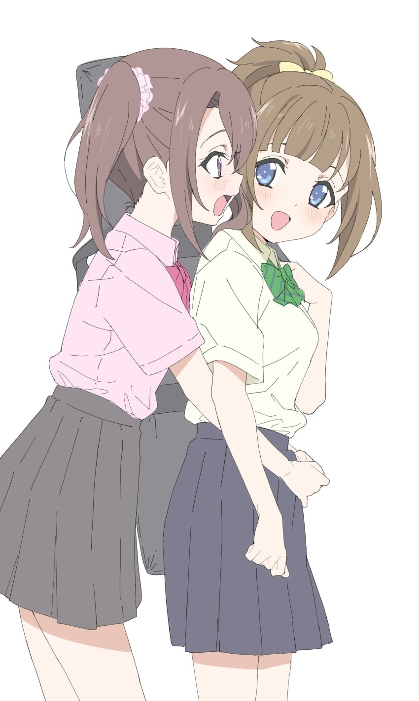 2girls, blue_eyes, blunt_bangs, bow, bowtie, breasts, brown_hair, extreme_hearts, from_side, green_bow, green_bowtie, guitar_case, hair_bow, highres, instrument_case, kodaka_saki, kohinata_lise, looking_at_another, medium_breasts, multiple_girls, open_mouth, pink_bow, pink_bowtie, pink_scrunchie, pink_shirt, ponytail, purple_eyes, scrunchie, shirt, short_sleeves, side_ponytail, simple_background, sincos, white_background, white_shirt, yellow_bow