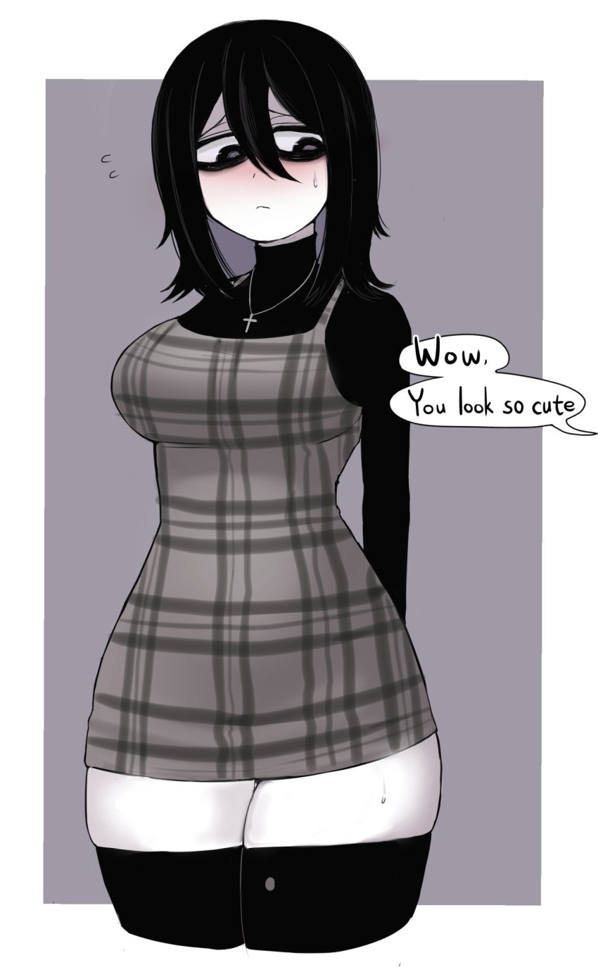 1girl, bags_under_eyes, black_eyes, black_hair, black_thighhighs, blush, breasts, centi