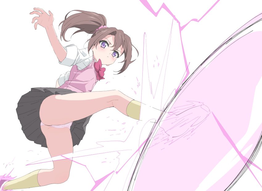 1girl, absurdres, ball_busting, bdsm, black_skirt, bow, bowtie, brown_hair, cbt, extreme_hearts, femdom, highres, kicking, kodaka_saki, panties, panty_peek, pink_bow, pink_bowtie, pink_panties, pink_vest, ponytail, purple_eyes, shirt, simple_background, sincos, skirt, socks, solo, underwear, upskirt, vest, white_background, white_shirt, yellow_socks
