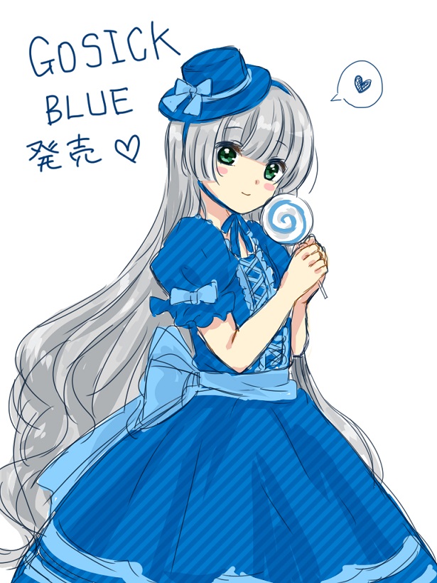 1girl, back_bow, blue_bow, blue_dress, blue_hat, blue_ribbon, blue_theme, blunt_bangs, blunt_ends, blush_stickers, bow, candy, closed_mouth, copyright_name, dress, food, gosick, gosick_blue, green_eyes, grey_hair, harugamitsu, hat, head_tilt, heart, hime_cut, holding, holding_candy, holding_food, holding_lollipop, lolita_fashion, lollipop, looking_at_viewer, mini_hat, mini_top_hat, puffy_short_sleeves, puffy_sleeves, ribbon, short_sleeves, sidelocks, simple_background, smile, solo, speech_bubble, spoken_heart, top_hat, victorica_de_blois, white_background