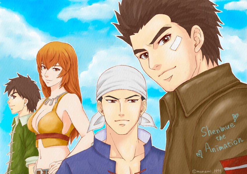 1girl, 3boys, bandage_on_face, bandages, bandana, belt, blue_skirt, blue_sky, breasts, brown_eyes, brown_hair, chinese_clothes, cleavage, closed_mouth, cloud, cloudy_sky, collared_jacket, collared_shirt, copyright_name, crop_top, denim, earrings, green_shirt, hands_on_own_hips, hazuki_ryou, highres, jacket, jeans, jewelry, joy_(shenmue), large_breasts, leather, leather_jacket, long_hair, looking_at_viewer, messy_hair, midriff, monami_1999, multiple_boys, navel, necklace, ni_xian_weng, orange_hair, pants, ren_wu_ying, shenmue, shenmue_the_animation, shirt, signature, skirt, sky, smile, spiked_hair, tooth_earrings, white_bandana