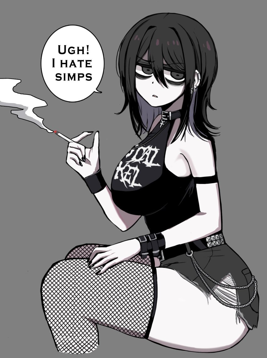 1girl, arm_strap, bags_under_eyes, bare_shoulders, belt, black_eyes, black_hair, black_nails, black_shirt, black_thighhighs, breasts, centi, cigarette, ear_piercing, english_text, fishnet_thighhighs, fishnets, from_side, goth_fashion, hair_between_eyes, heizle, highres, large_breasts, looking_at_viewer, medium_hair, miniskirt, nail_polish, original, pale_skin, pencil_skirt, piercing, shirt, sideboob, sidelocks, skirt, sleeveless, smoke, smoking, solo, thick_thighs, thighhighs, thighs