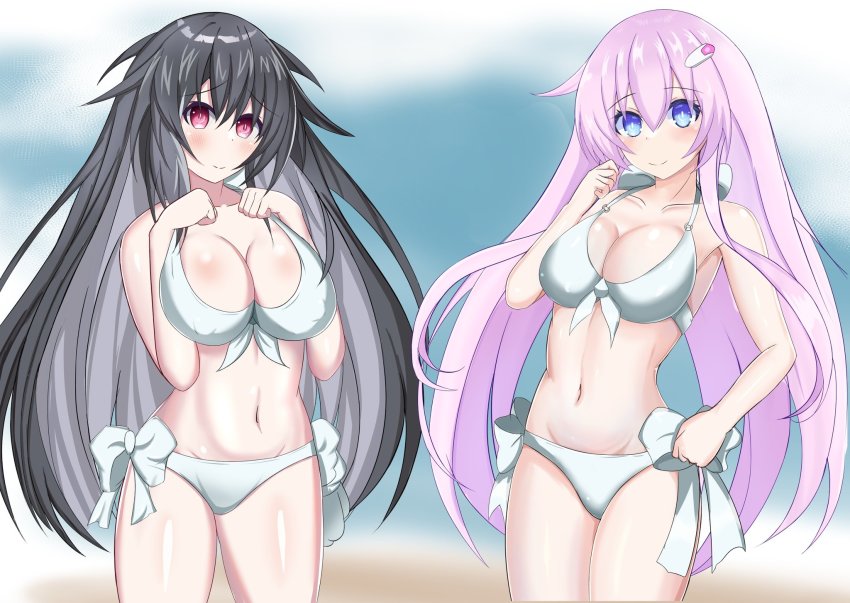 bare_shoulders, beach, belly, bikini, black_hair, blue_eyes, breasts, cleavage