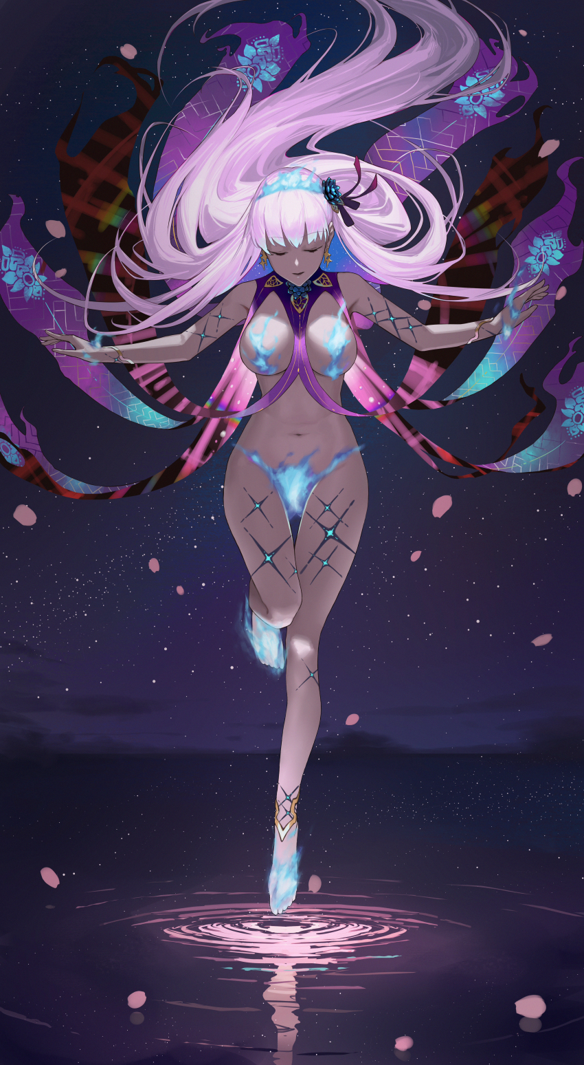 1girl, absurdres, bare_shoulders, barefoot, blue_fire, blue_hair, body_markings, bracelet, breasts, censored_nipples, closed_eyes, earrings, fate/grand_order, fate_(series), fire, flower, full_body, hair_flower, hair_ornament, hair_ribbon, highres, jewelry, kama_(adult)_(fate), kama_(fate), kama_(swimsuit_avenger)_(third_ascension)_(fate), kama_(third_ascension)_(fate), large_breasts, long_hair, lotus, multicolored_hair, navel, night, parted_lips, petals, revealing_clothes, ribbon, ripples, sky, solo, star_(sky), star_(symbol), star_earrings, starry_sky, ts-ix, two-tone_hair, water, white_hair