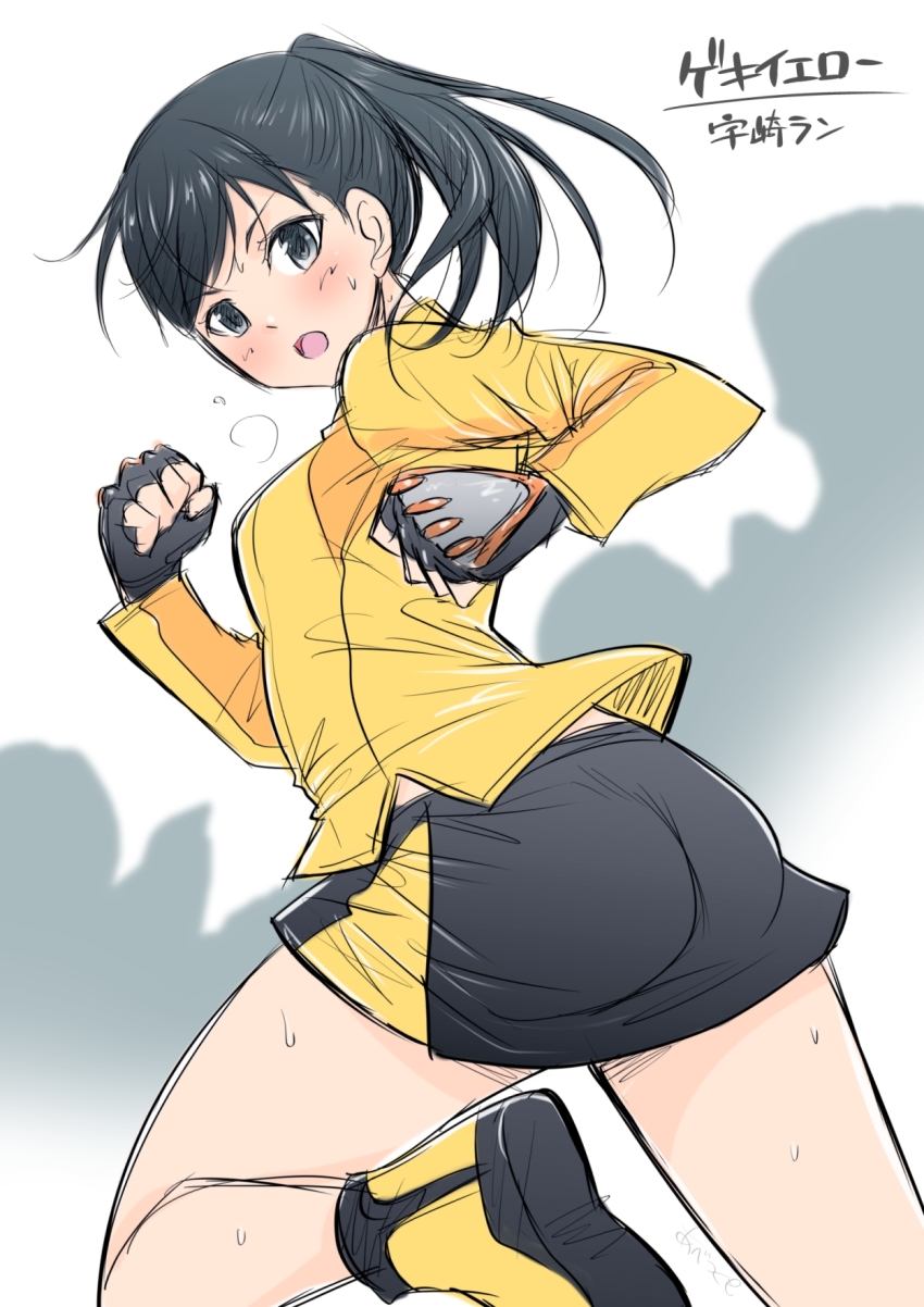 1girl, abe_tsukumo, ass, black_eyes, black_hair, black_shorts, blush, breasts, fingerless_gloves, gloves, grey_eyes, highres, jacket, juuken_sentai_gekiranger, long_hair, long_sleeves, looking_at_viewer, looking_back, medium_breasts, open_mouth, ponytail, running, shirt, shoes, shorts, super_sentai, sweat, uzaki_ran, yellow_footwear, yellow_jacket