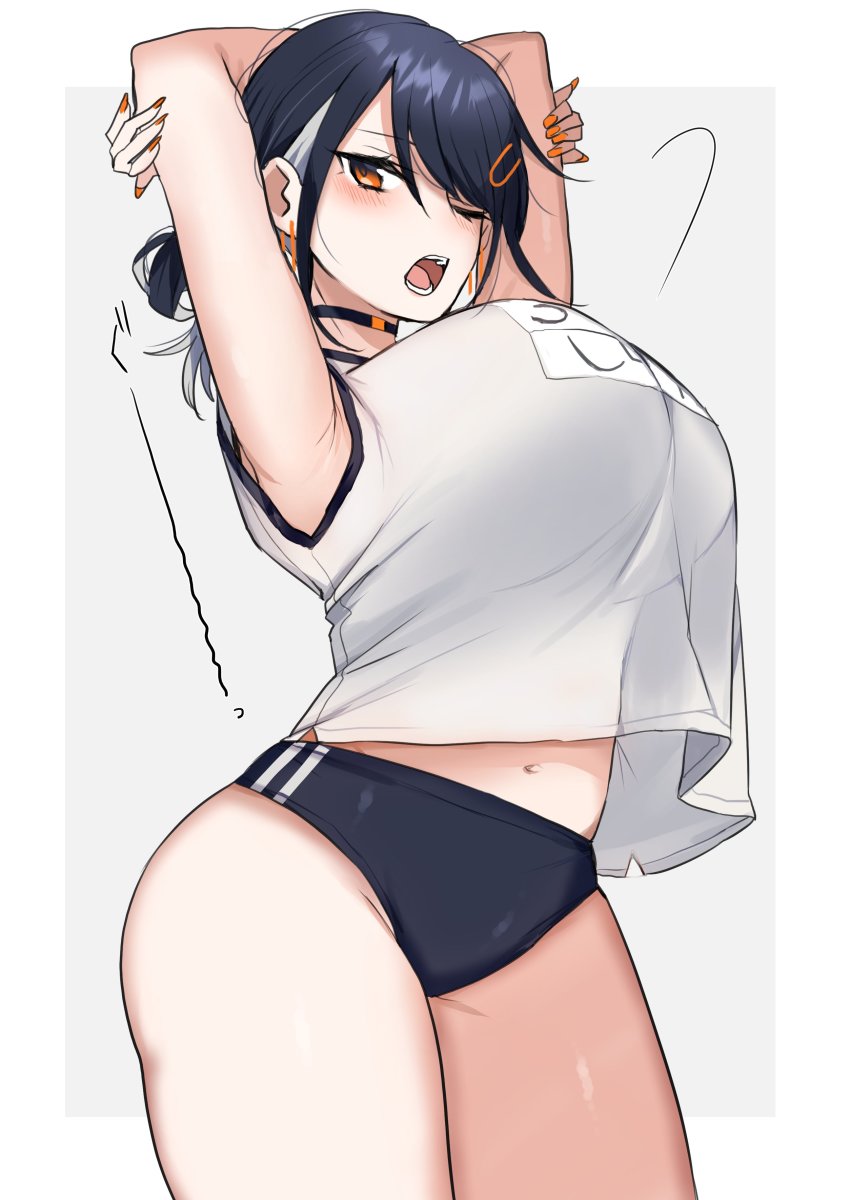 1girl, absurdres, armpits, arms_behind_head, arms_up, black_buruma, black_hair, blush