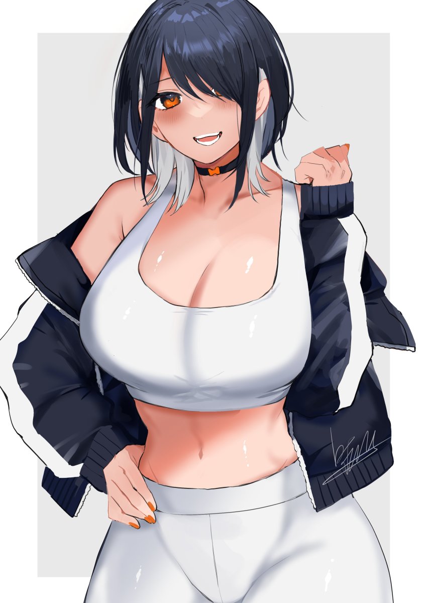 1girl, absurdres, bare_shoulders, black_hair, black_jacket, blush, breasts, choker