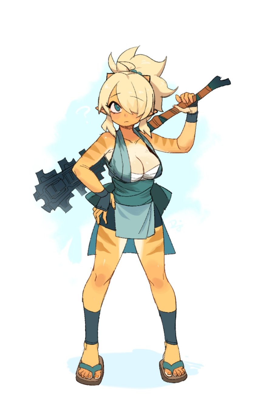 1girl, ayu_(sui_(suizilla)), bike_shorts, black_gloves, black_shorts, blonde_hair, blue_eyes, borrowed_character, breasts, brown_sandals, cleavage, closed_mouth, commentary, difman, english_commentary, fingerless_gloves, full_body, gloves, hair_over_one_eye, hand_on_own_hip, highres, holding, holding_weapon, horns, oni, oni_horns, original, over_shoulder, photoshop_(medium), ponytail, sandals, sarashi, short_shorts, shorts, solo, standing, weapon, weapon_over_shoulder, white_background, zouri