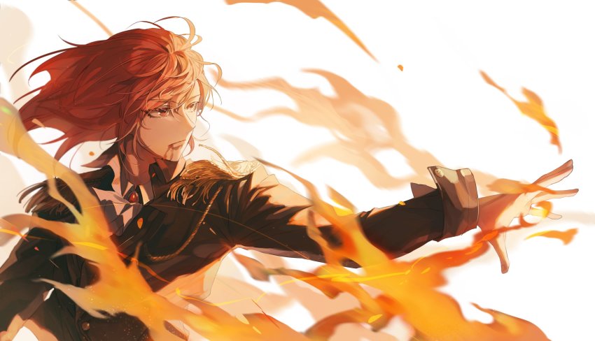 1boy, blood, blood_from_mouth, brown_eyes, cale_henituse, epaulettes, fire, from_side