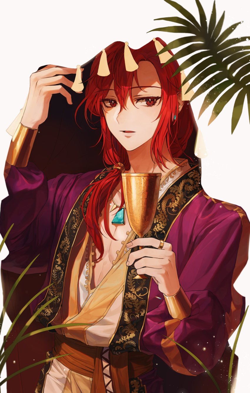 1boy, absurdres, arabian_clothes, blending, cup, highres, holding, holding_cup