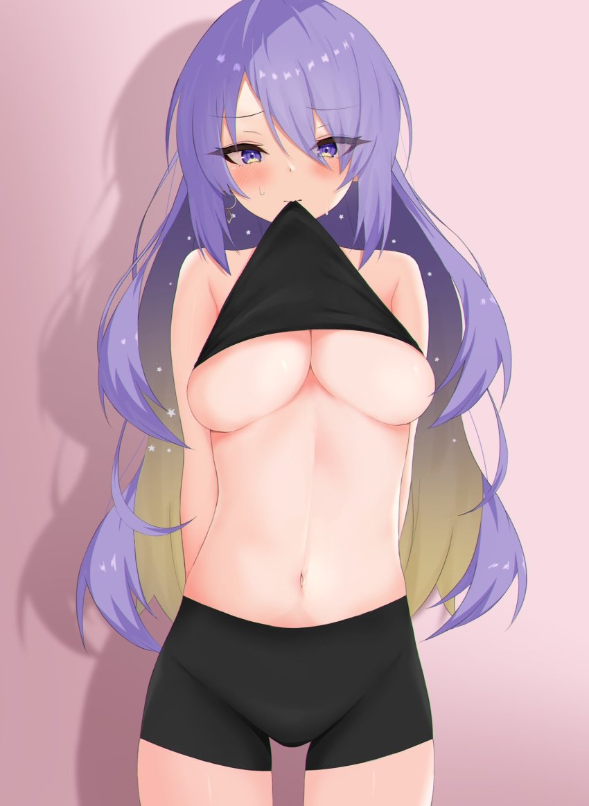 1girl, breasts, clothes_lift, hair_between_eyes, highres, hololive, hololive_indonesia, hukigen_dadada