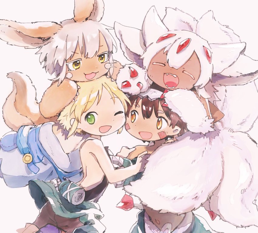 1boy, 1other, 2girls, animal_ears, backless_outfit, brown_eyes, brown_fur, brown_hair, extra_arms, extra_tails, fangs, faputa, fewer_digits, green_eyes, happy, highres, horizontal_pupils, kurage2535, made_in_abyss, mechanical_arms, multiple_girls, nanachi_(made_in_abyss), rabbit_ears, rabbit_tail, reg_(made_in_abyss), riko_(made_in_abyss), short_hair, smile, tail, whiskers, white_fur, white_hair