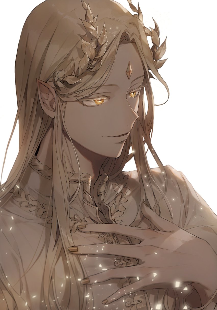 1boy, absurdres, backlighting, blonde_hair, colored_eyelashes, dragon_boy, eruhaben, forehead_jewel, hand_on_own_chest, highres, jewelry, korean_commentary, laurel_crown, long_hair, looking_away, lout_of_count's_family, male_focus, mua, nail_polish, pointy_ears, portrait, slit_pupils, smile, solo, white_background, yellow_eyes, yellow_nails