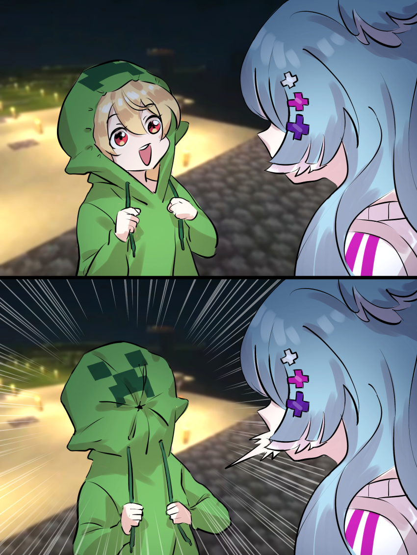 2girls, blonde_hair, blue_hair, creeper, elira_pendora, elira_pendora_(1st_costume), hair_ornament, head_wings