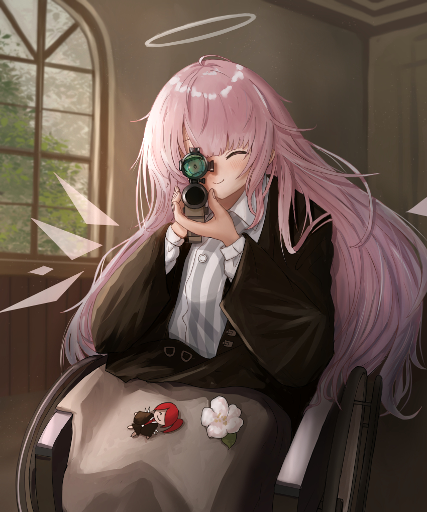 1girl, absurdres, aiming, aiming_at_viewer, arknights, black_jacket, blush, brown_skirt