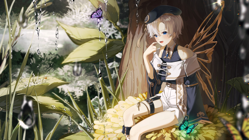 1boy, absurdres, blonde_hair, blue_butterfly, blue_eyes, blush, bug, butterfly