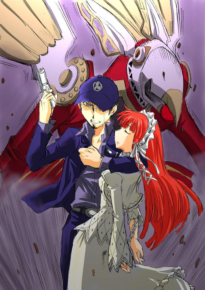atlus, brown_eyes, chain, couple, closed_eyes, gothic_lolita, hat, headband, hetero, iori_junpei, lolita_fashion, persona, persona_3, red_hair, school_uniform, segami_daisuke, shin_megami_tensei, tears, trismegistus, weapon, yoshino_chidori